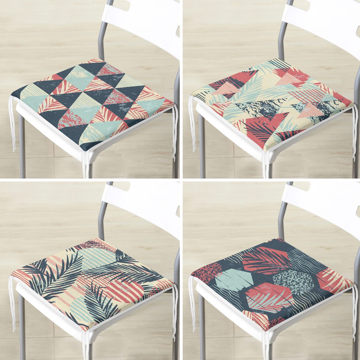 4'lü Renkli Zemin Üzerinde Geometrik Çizimli Modern Fermuarlı Sandalye Minderi Seti Realhomes