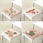 4'lü Renkli Zemin Üzerinde Onedraw Çizimli Yaprak Desenli Modern Fermuarlı Sandalye Minderi Seti Realhomes