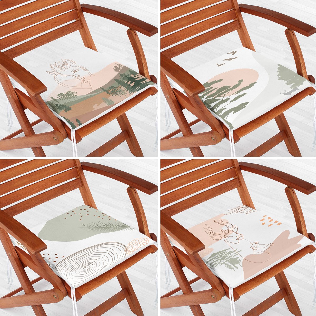 4'lü Renkli Zemin Üzerinde Onedraw Çizimli Bayan Silüeti Modern Fermuarlı Sandalye Minderi Seti Realhomes