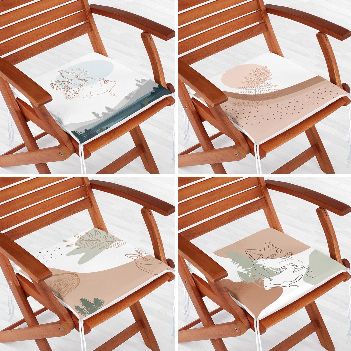 4'lü Renkli Zemin Üzerinde Onedraw Çizimli Modern Fermuarlı Sandalye Minderi Seti Realhomes
