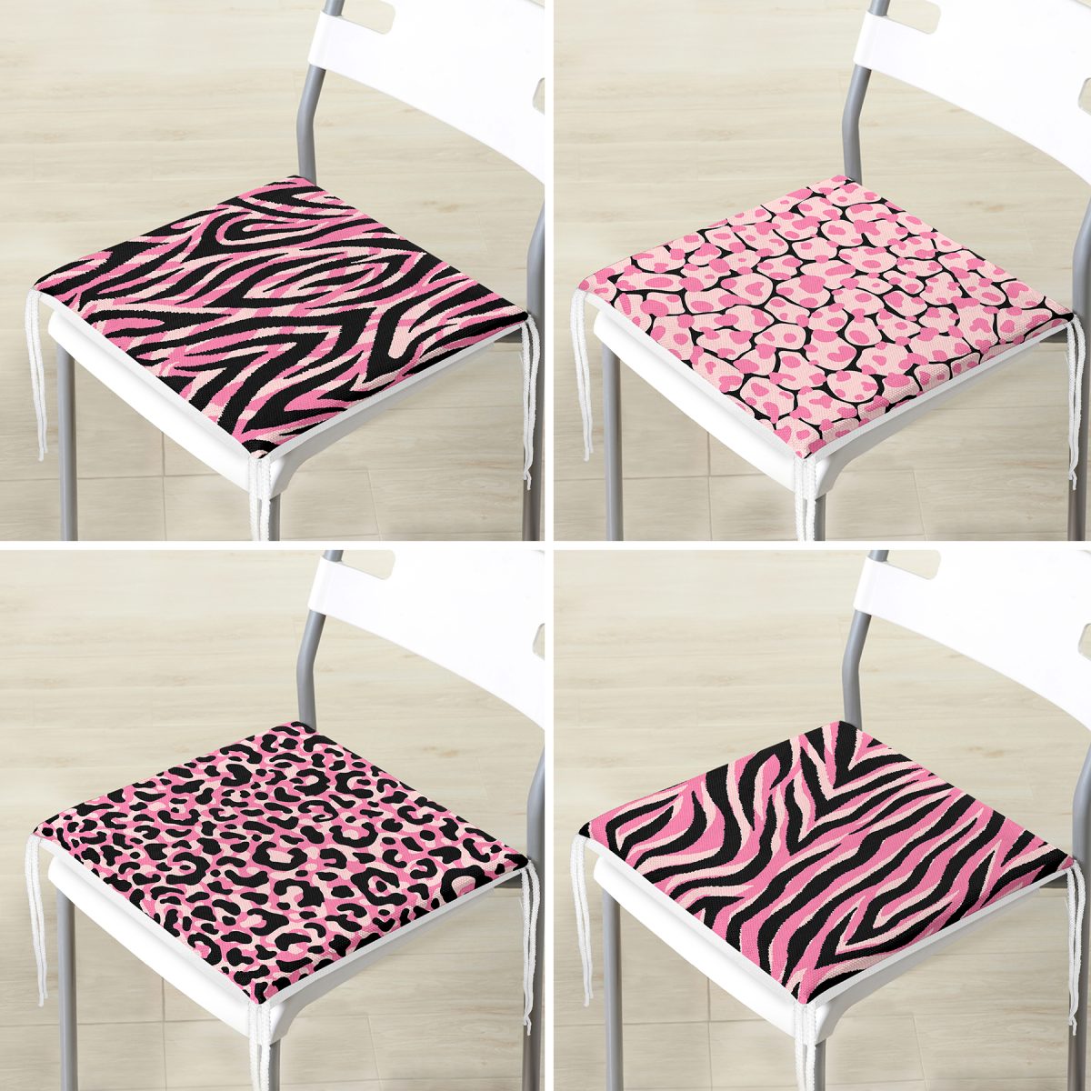 4'lü Renkli Zemin Üzerinde Zebra Desenli Modern Fermuarlı Sandalye Minderi Seti Realhomes