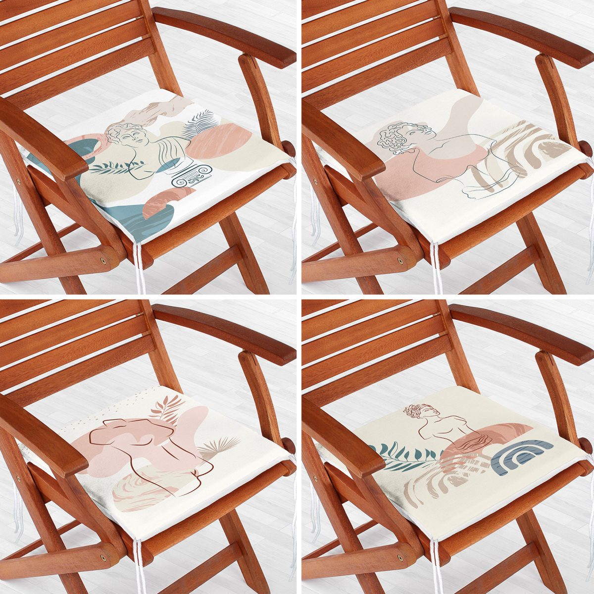 4'lü Renkli Zemin Üzerinde Onedraw Çizimli Modern Fermuarlı Sandalye Minderi Seti Realhomes