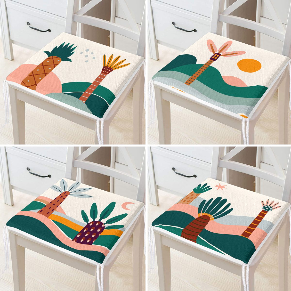 4'lü Renkli Zemin Üzerinde Onedraw Çizimli Ağaç Desenli Modern Fermuarlı Sandalye Minderi Seti Realhomes