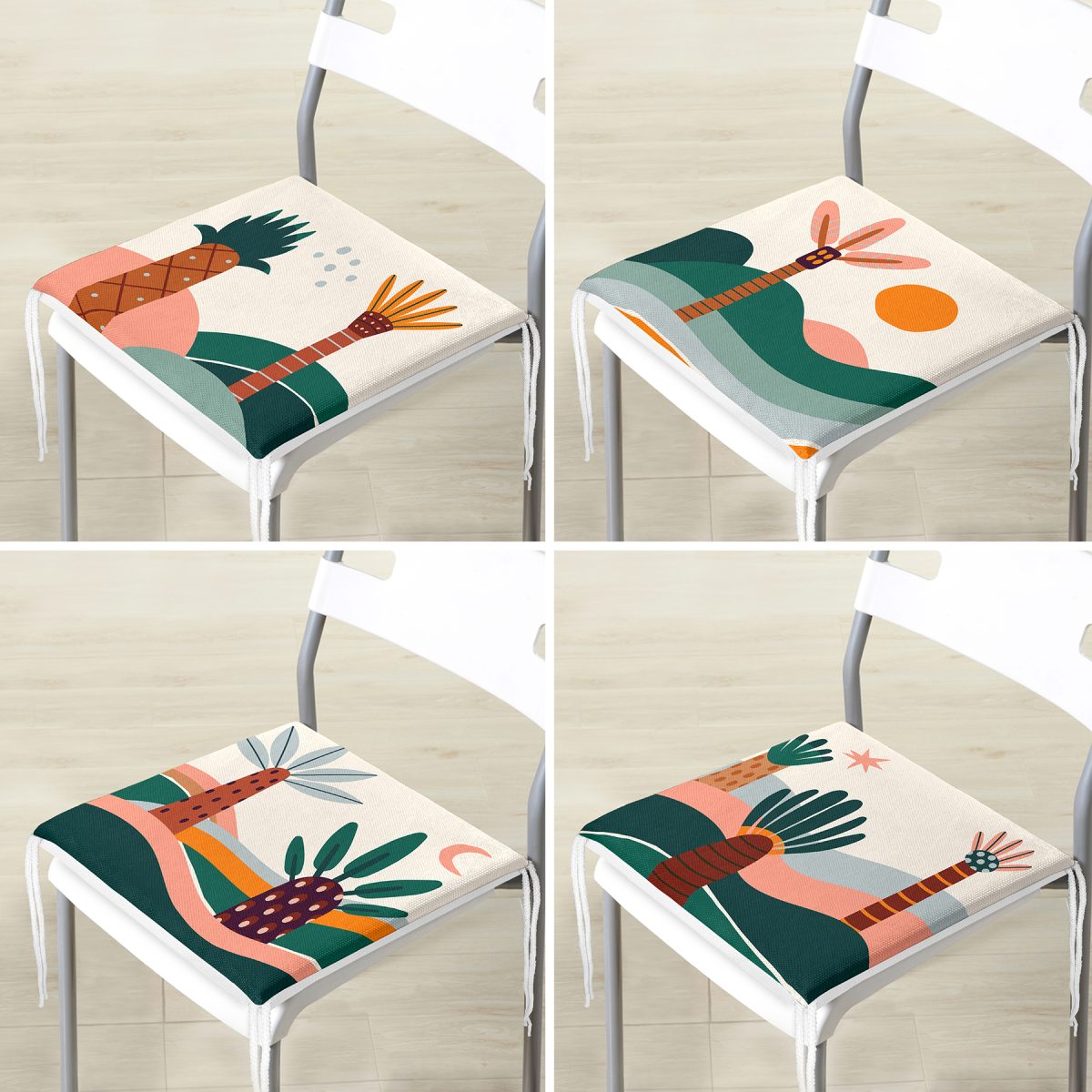 4'lü Renkli Zemin Üzerinde Onedraw Çizimli Ağaç Desenli Modern Fermuarlı Sandalye Minderi Seti Realhomes