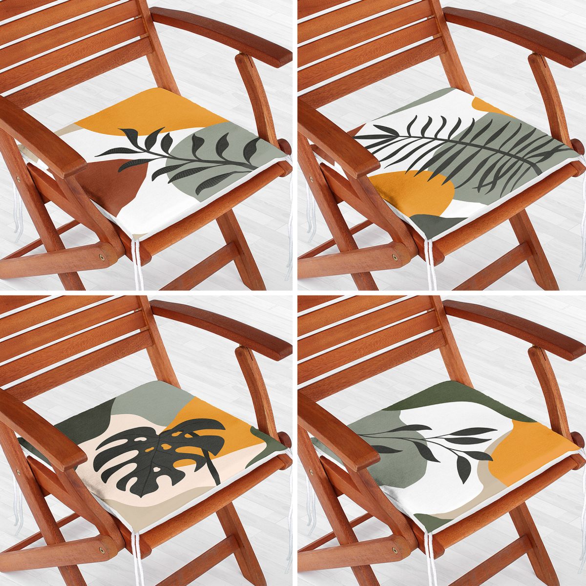 4'lü Beyaz Zemin Üzerinde Renkli Yaprak Desenli Modern Fermuarlı Sandalye Minderi Seti Realhomes