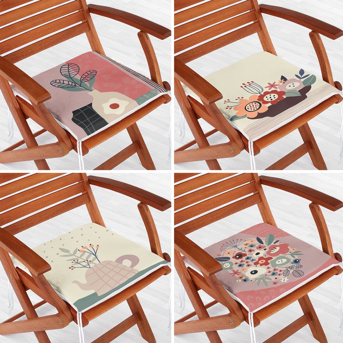 4'lü Renkli Zemin Üzerinde Onedraw Çizimli Vazo Desenli Modern Fermuarlı Sandalye Minderi Seti Realhomes