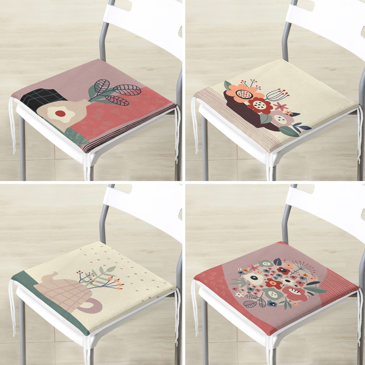 4'lü Renkli Zemin Üzerinde Onedraw Çizimli Vazo Desenli Modern Fermuarlı Sandalye Minderi Seti Realhomes