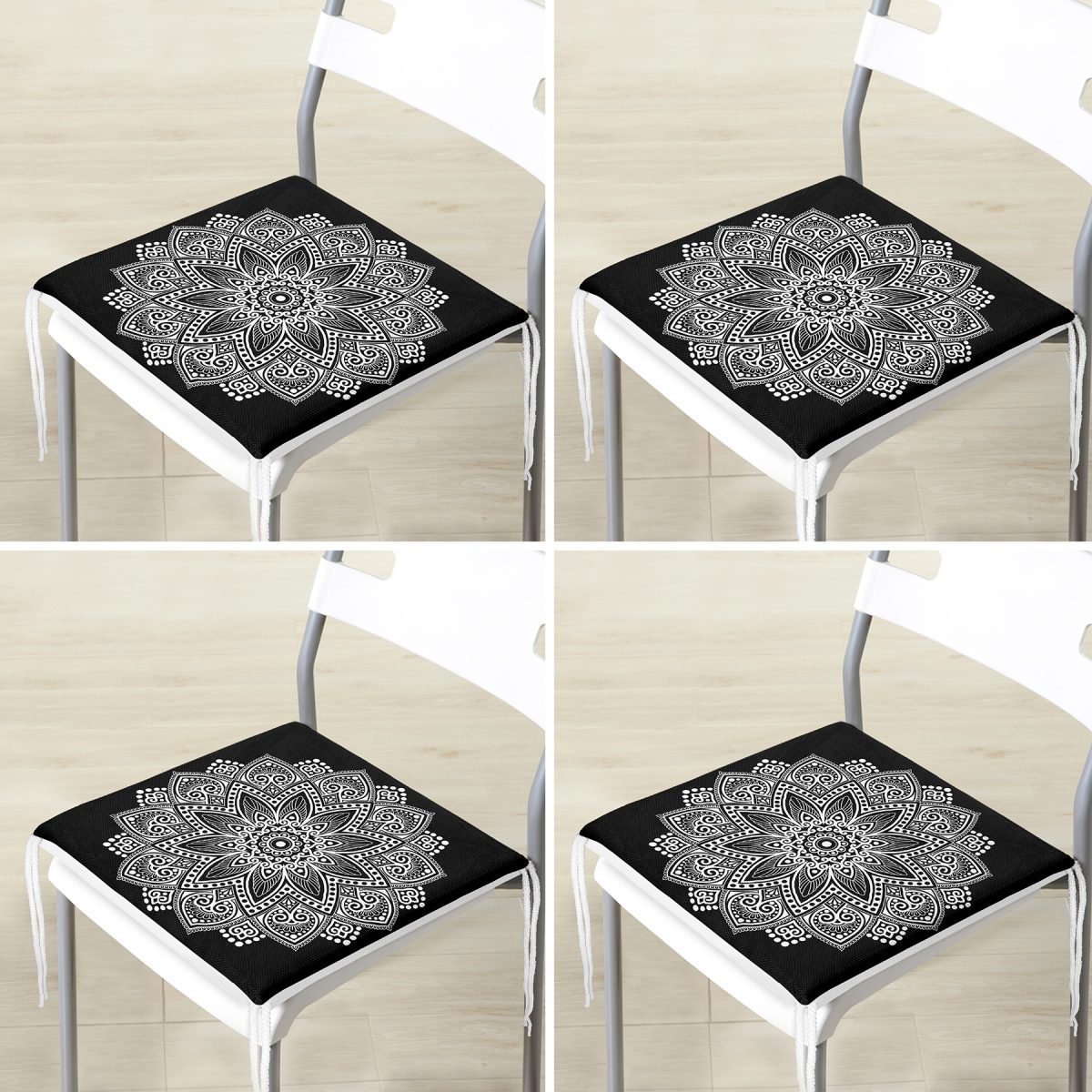 4'lü Mandala Desen Tasarımlı Dijital Baskılı Fermuarlı Sandalye Minderi Seti Realhomes