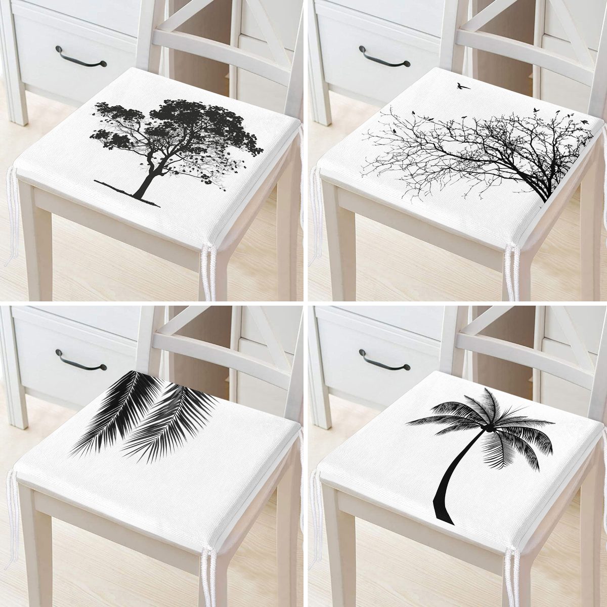 4'lü Beyaz Zeminde Ağaç Temalı Dijital Baskılı Modern Fermuarlı Sandalye Minderi Seti Realhomes