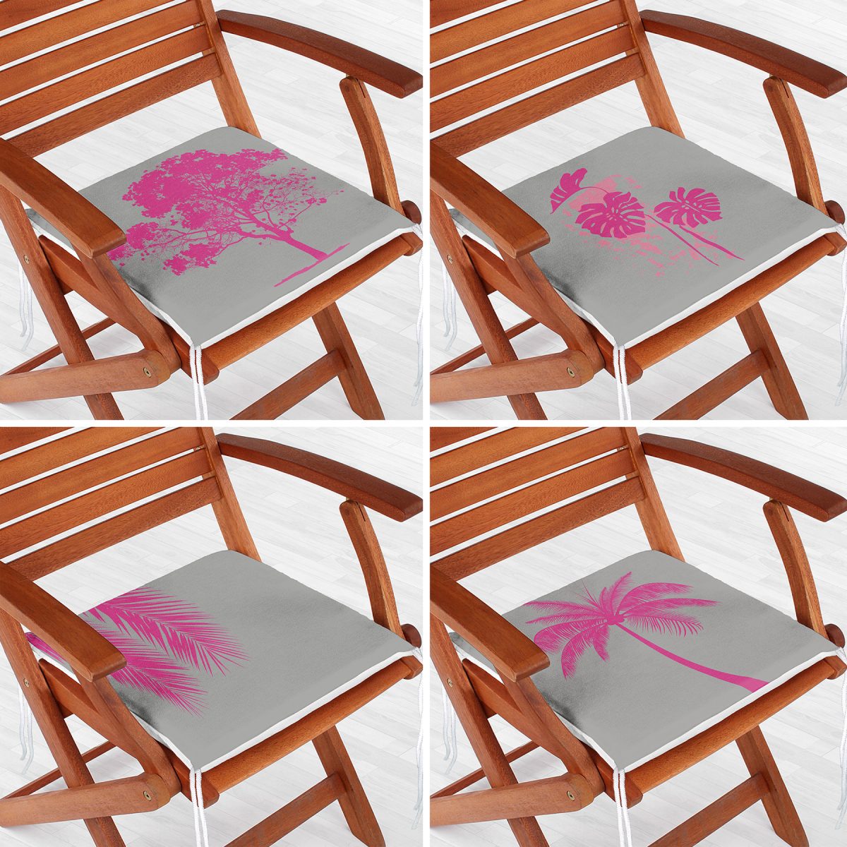 4'lü Gri Zeminde Fuşya Ağaç Motifli Dekoratif Dijital Baskılı Fermuarlı Sandalye Minderi Seti Realhomes