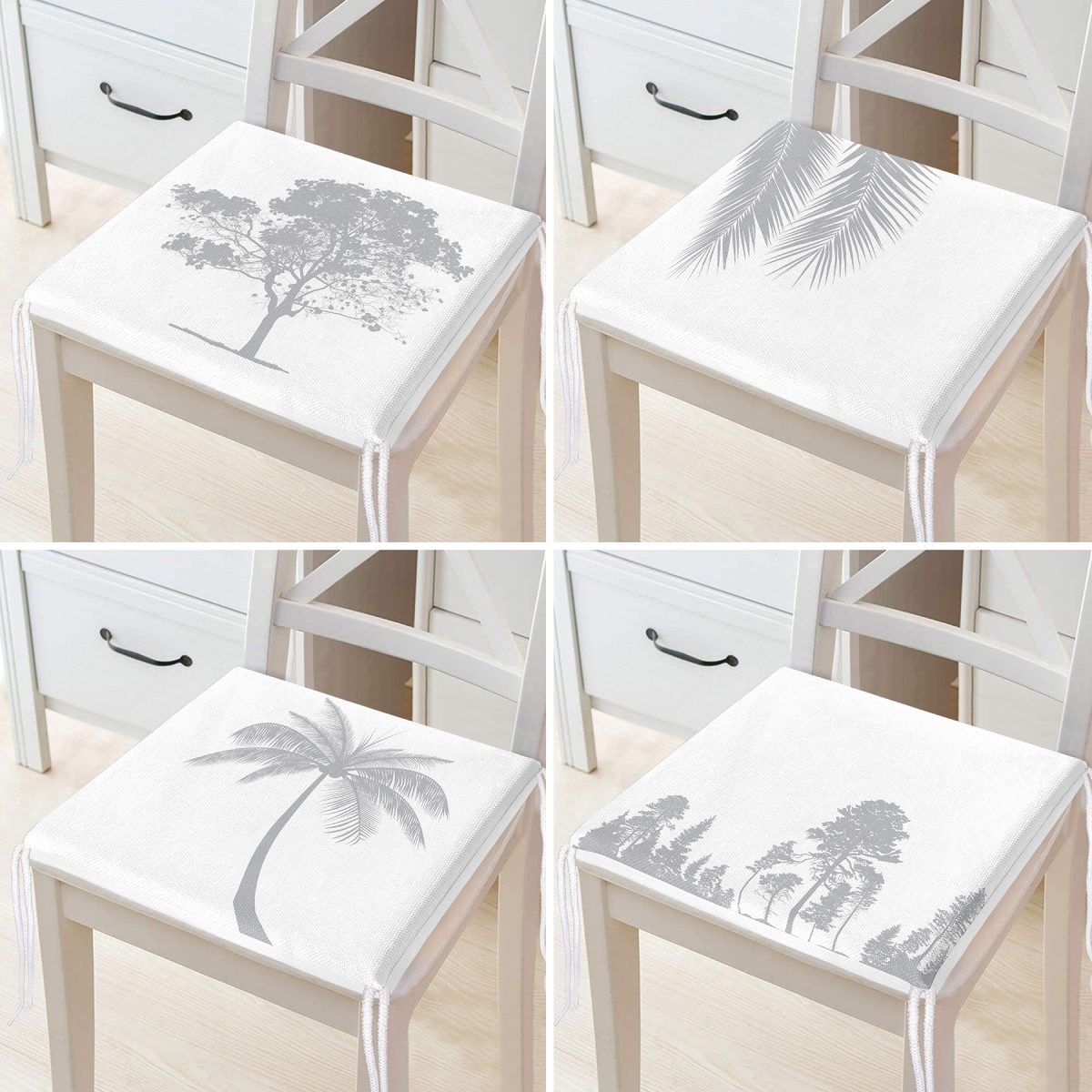 4'lü Beyaz Zeminde Gri Palmiye Ağaç Tasarımlı Modern Fermuarlı Sandalye Minderi Seti Realhomes