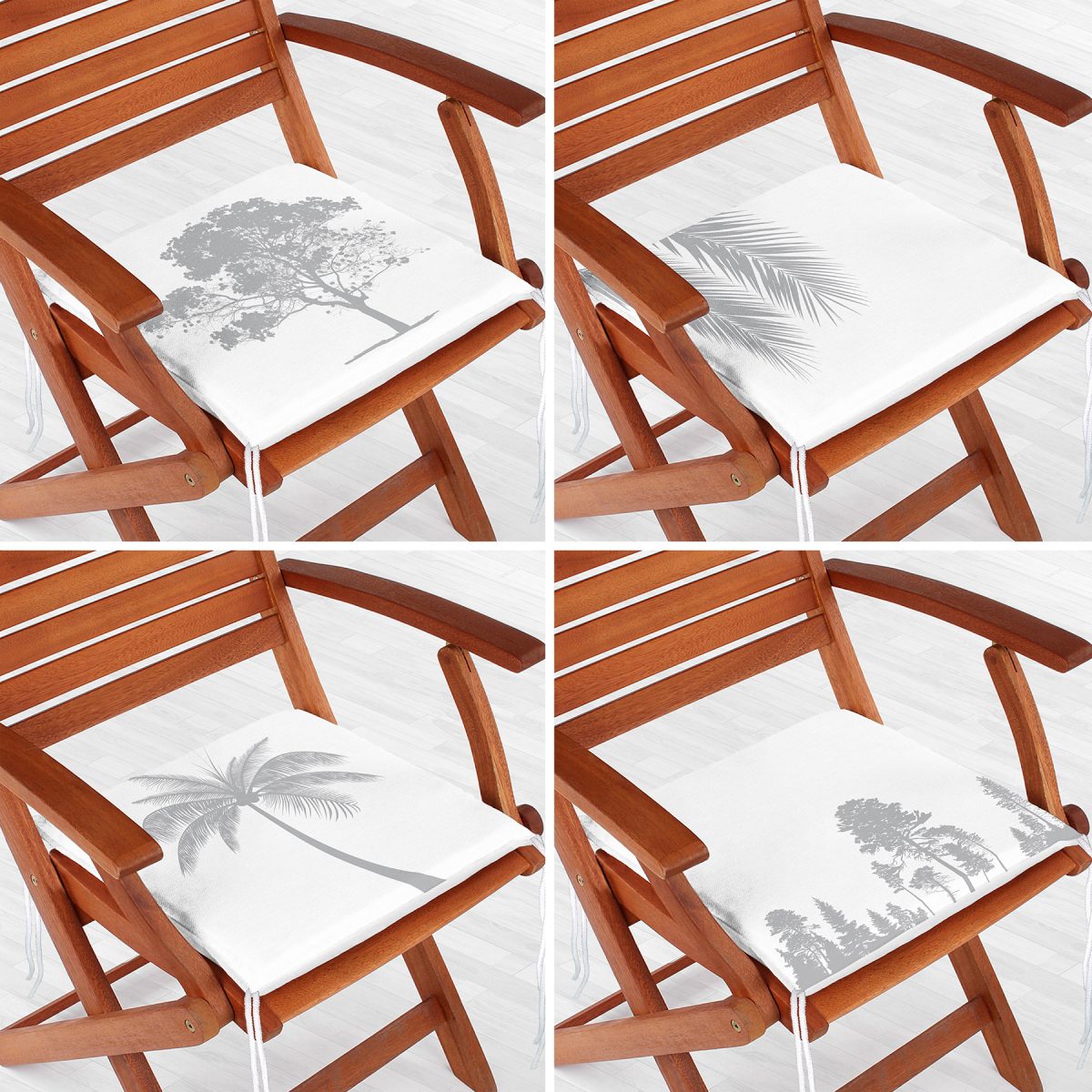 4'lü Beyaz Zeminde Gri Palmiye Ağaç Tasarımlı Modern Fermuarlı Sandalye Minderi Seti Realhomes