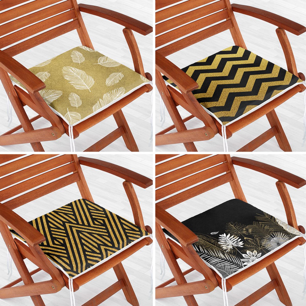 4'lü Renkli Zemin Üzerinde Gold Detaylı Geometrik Desenli Modern Fermuarlı Sandalye Minderi Seti Realhomes