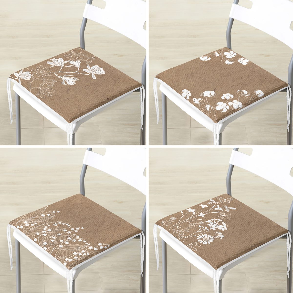 4'lü Renkli Zemin Üzerinde Beyaz Çiçek Desenli Modern Fermuarlı Sandalye Minderi Seti Realhomes