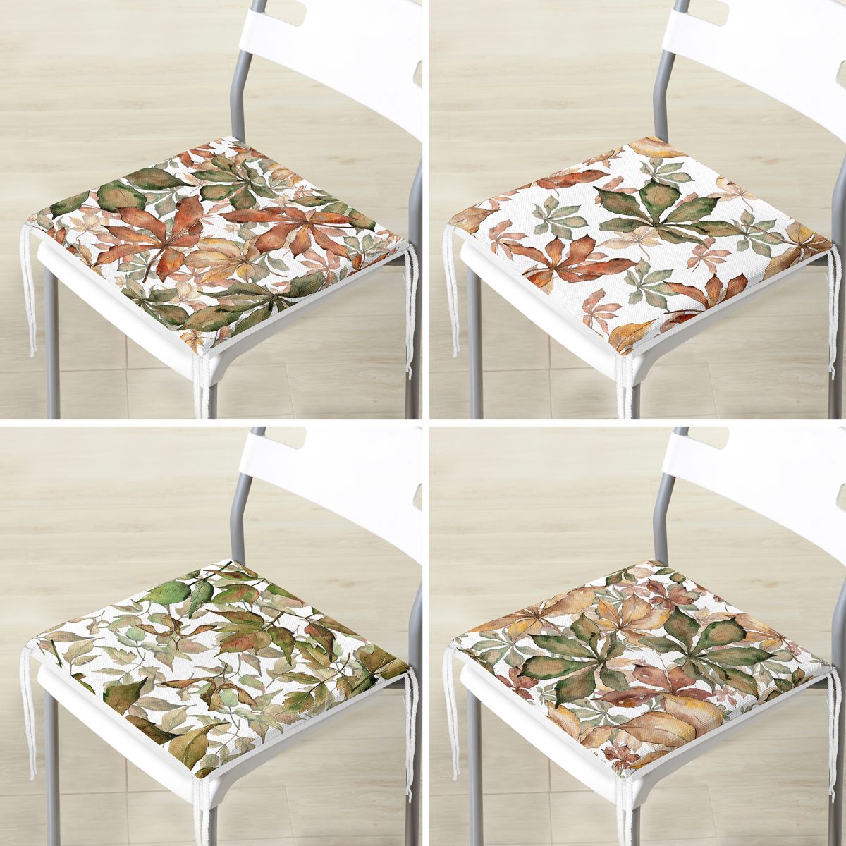 4'lü Beyaz Zemin Üzerinde Sonbahar Yaprağı Desenli Modern Fermuarlı Sandalye Minderi Seti Realhomes