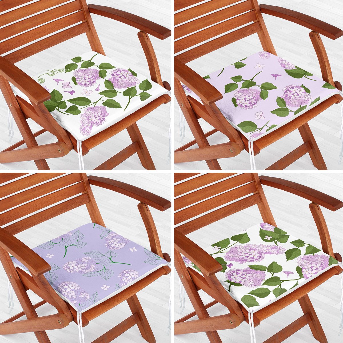 4'lü Renkli Zemin Üzerinde Ortanca Çiçeği Desenli Modern Fermuarlı Sandalye Minderi Seti Realhomes