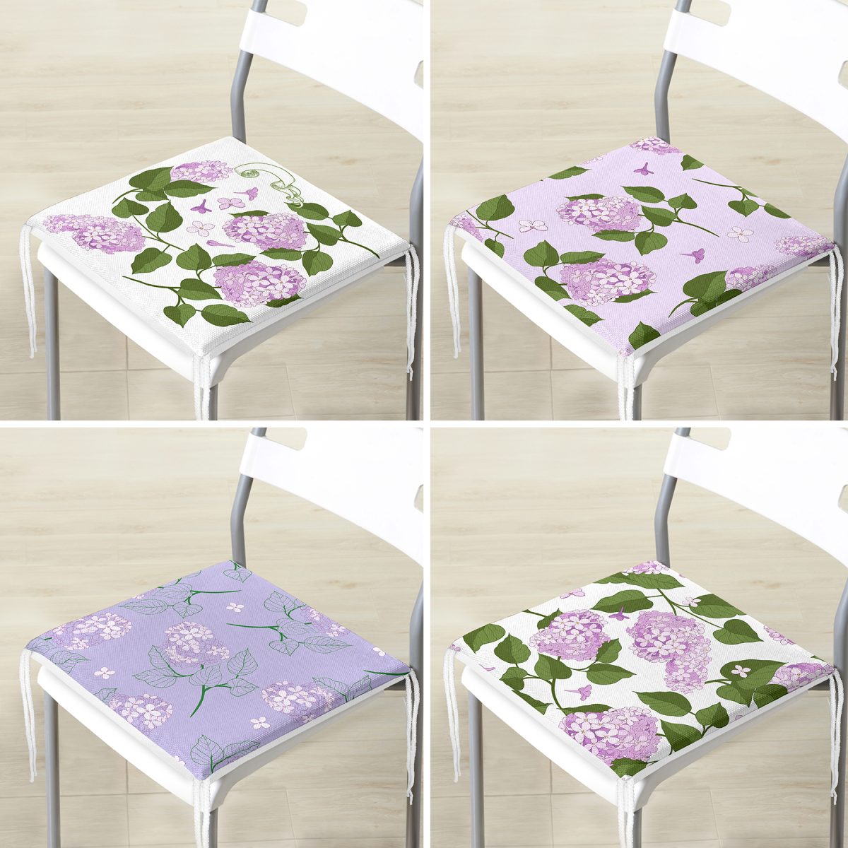 4'lü Renkli Zemin Üzerinde Ortanca Çiçeği Desenli Modern Fermuarlı Sandalye Minderi Seti Realhomes