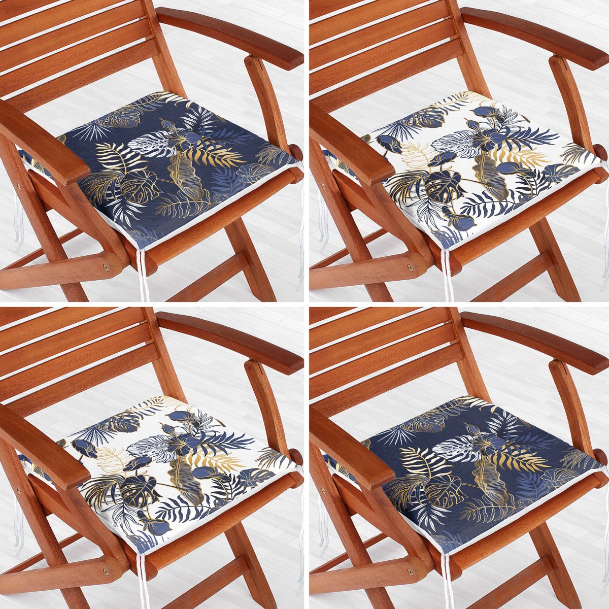 4'lü Renkli Zemin Üzerinde Gold Detaylı Yaprak Desenli Modern Fermuarlı Sandalye Minderi Seti Realhomes