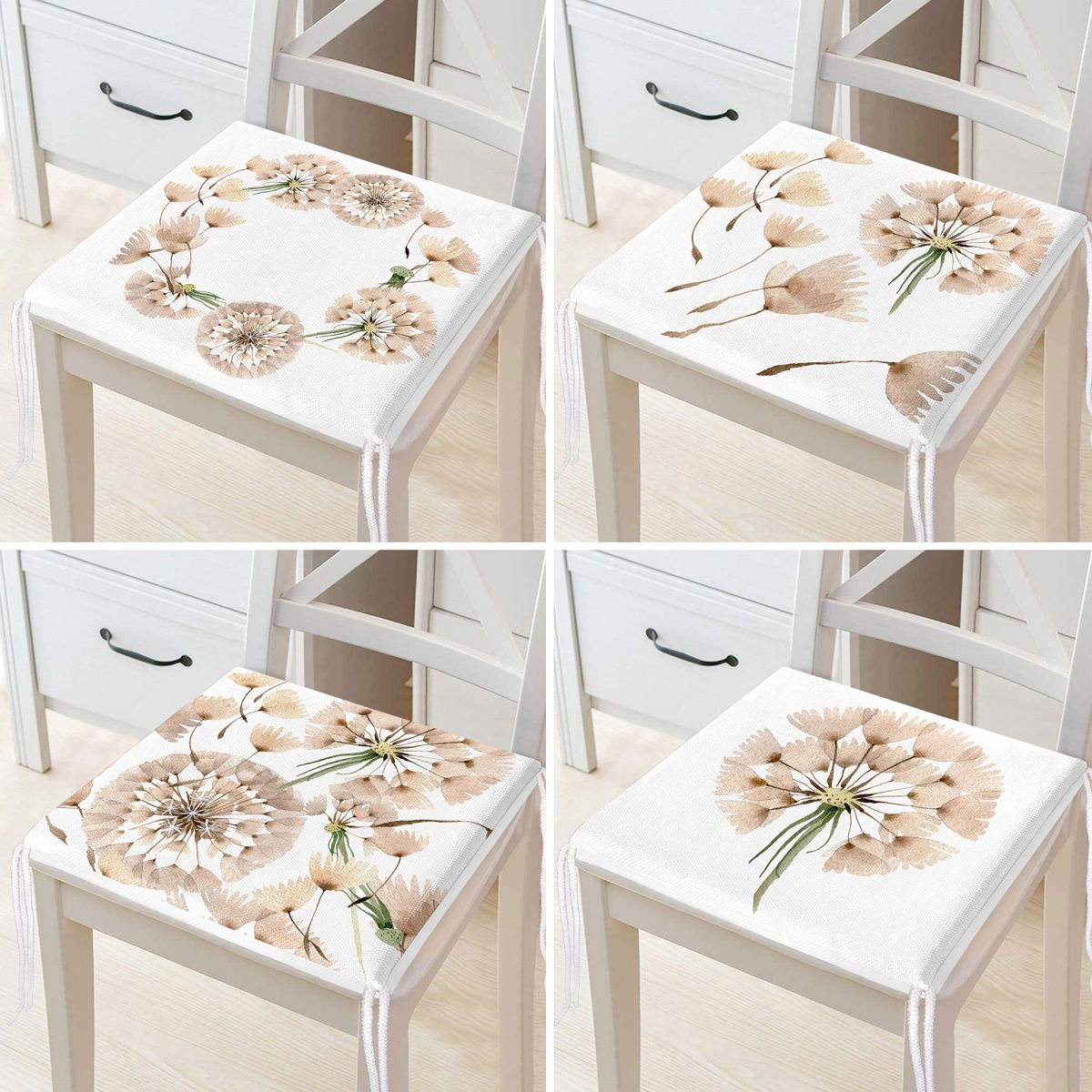 4'lü Beyaz Zemin Üzerinde Çiçek Desenli Modern Fermuarlı Sandalye Minderi Seti Realhomes