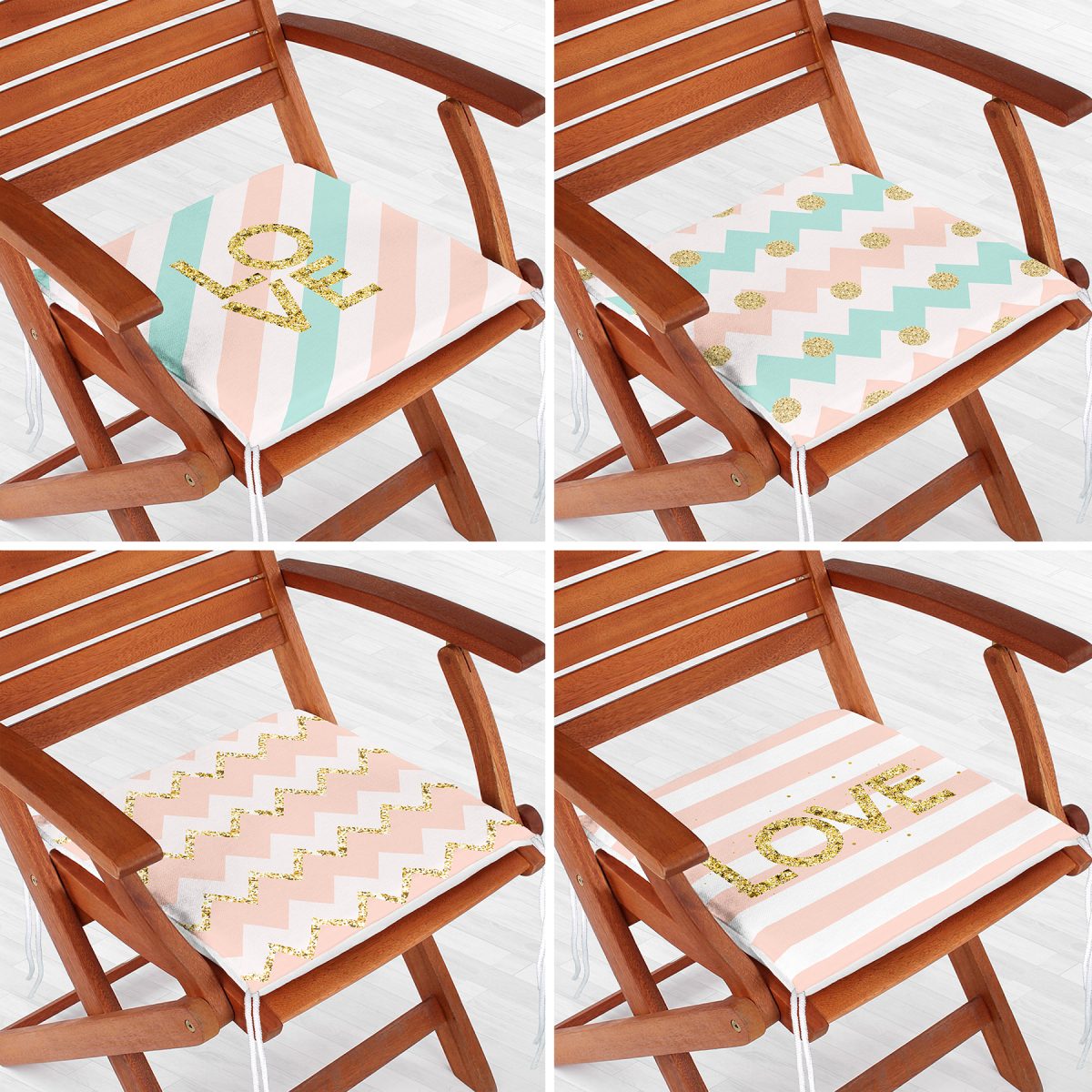 4'lü Beyaz Zemin Üzerinde Gold Detay Love Yazılı Modern Fermuarlı Sandalye Minderi Seti Realhomes