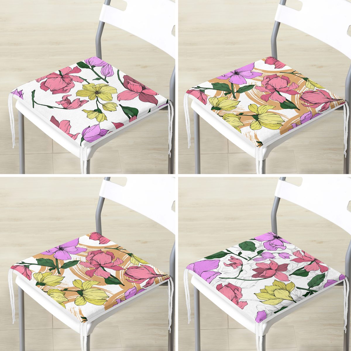 4'lü Beyaz Zemin Üzerinde Renkli Çiçek Desenli Modern Fermuarlı Sandalye Minderi Seti Realhomes