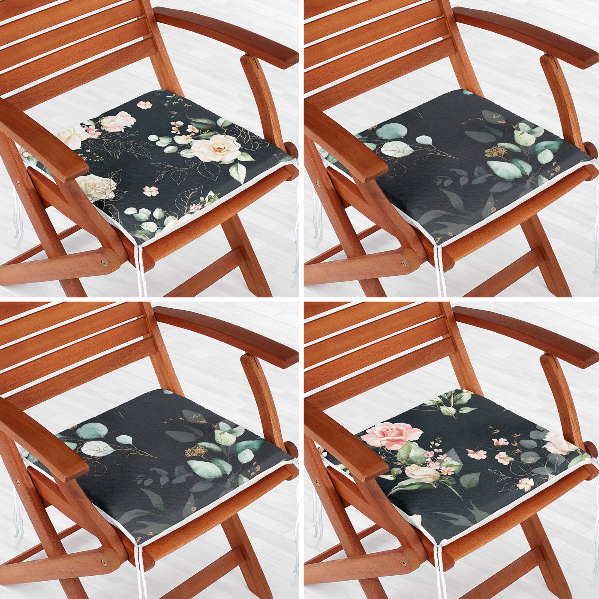 4'lü Siyah Zemin Üzerinde Çiçek Desenli Modern Fermuarlı Sandalye Minderi Seti Realhomes
