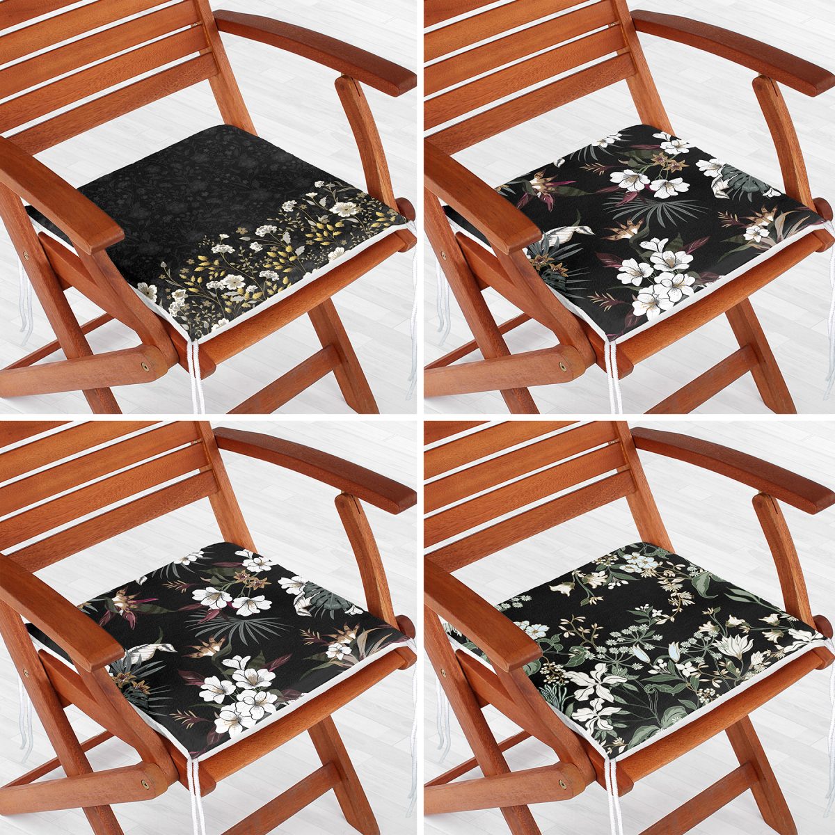 4'lü Siyah Zemin Üzerinde Çiçek Desenli Modern Fermuarlı Sandalye Minderi Seti Realhomes