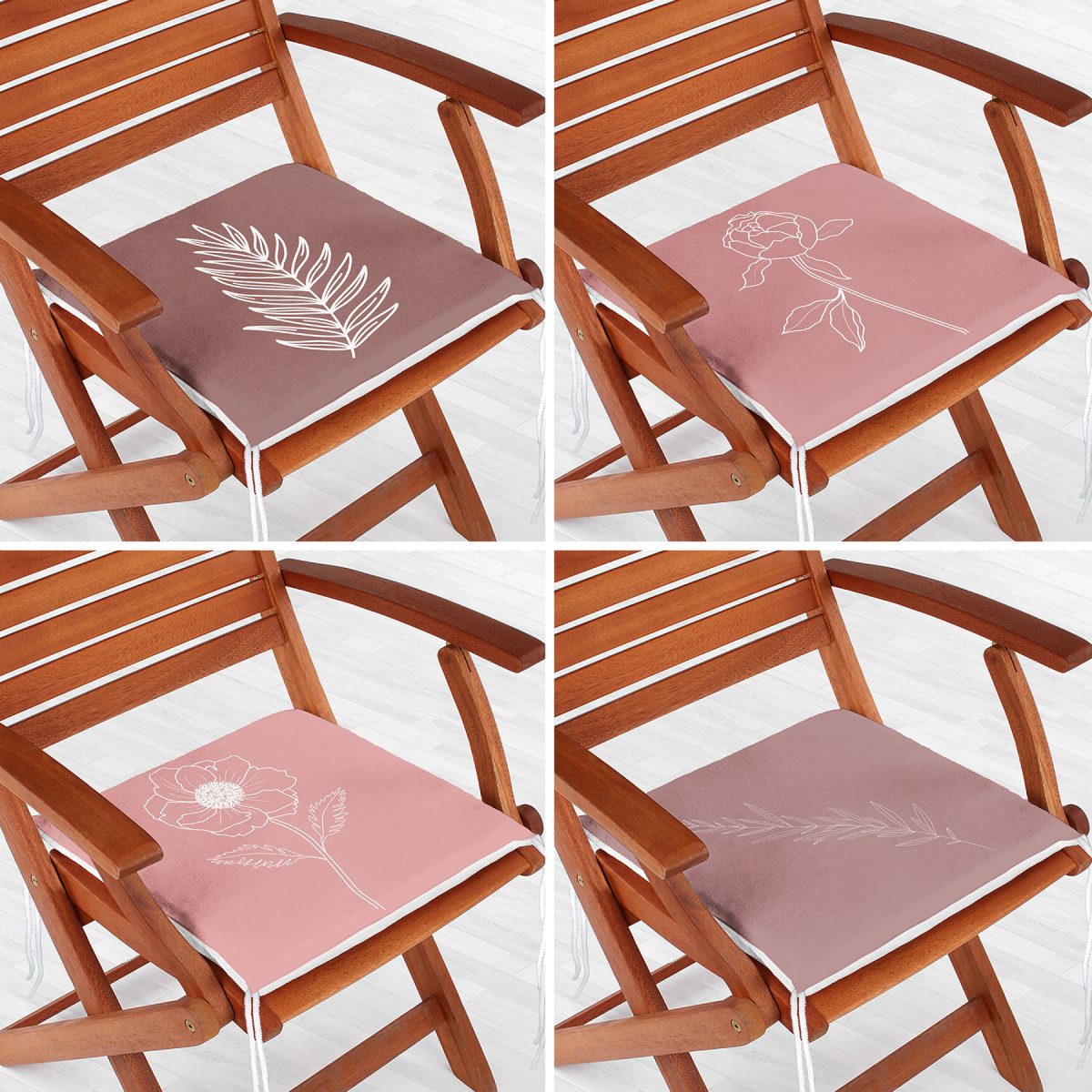 4'lü Renkli Zemin Üzerinde Onedraw Çizimli Yaprak Desenli Modern Fermuarlı Sandalye Minderi Seti Realhomes