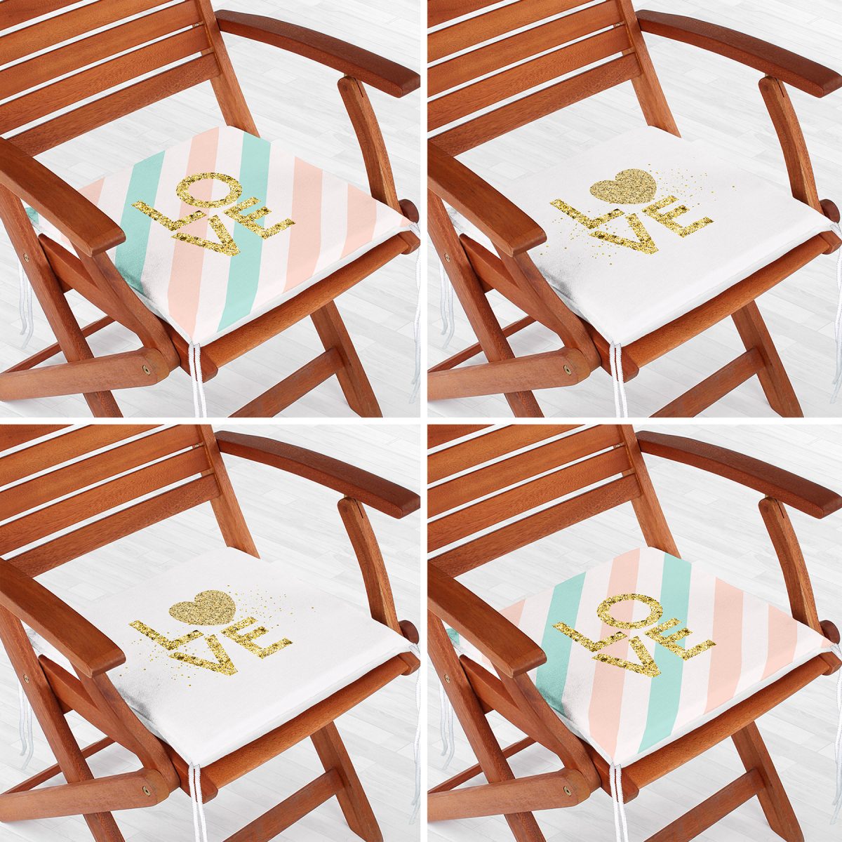 4'lü Beyaz Zemin Üzerinde Gold Detaylı Love Yazılı Modern Fermuarlı Sandalye Minderi Seti Realhomes