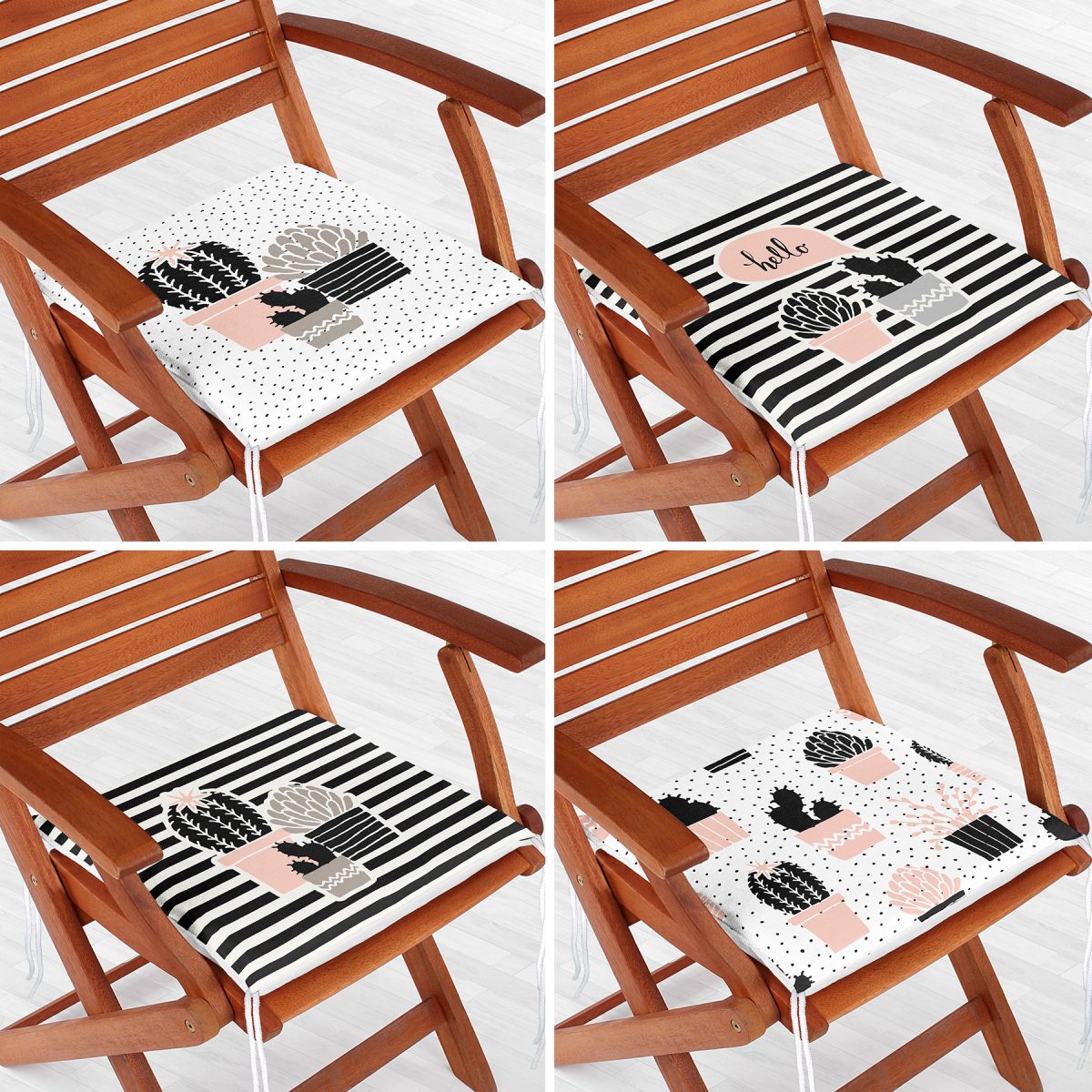 4'lü Beyaz Zemin Üzerinde Onedraw Çizimli Kaktüs Desenli Modern Fermuarlı Sandalye Minderi Seti Realhomes
