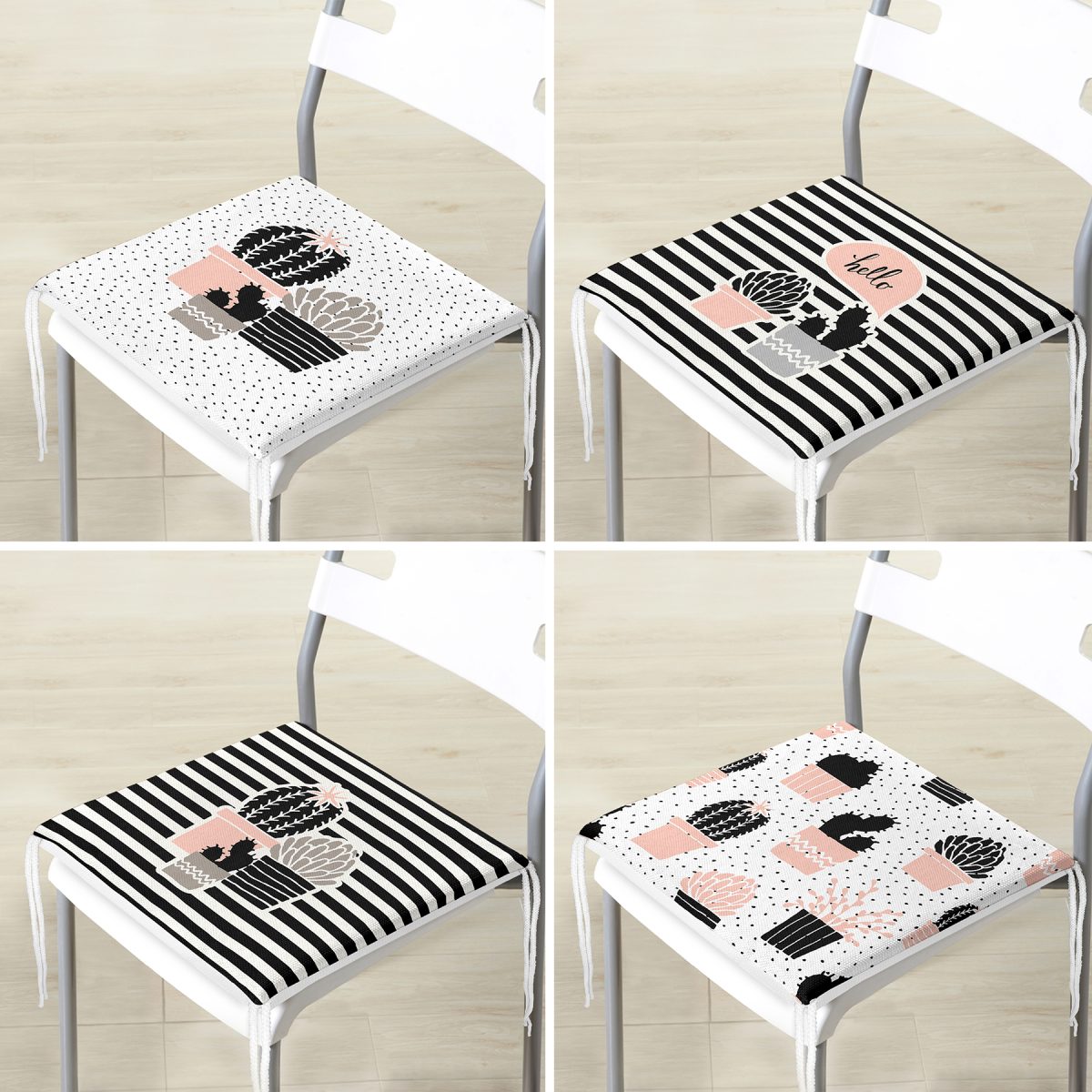 4'lü Beyaz Zemin Üzerinde Onedraw Çizimli Kaktüs Desenli Modern Fermuarlı Sandalye Minderi Seti Realhomes