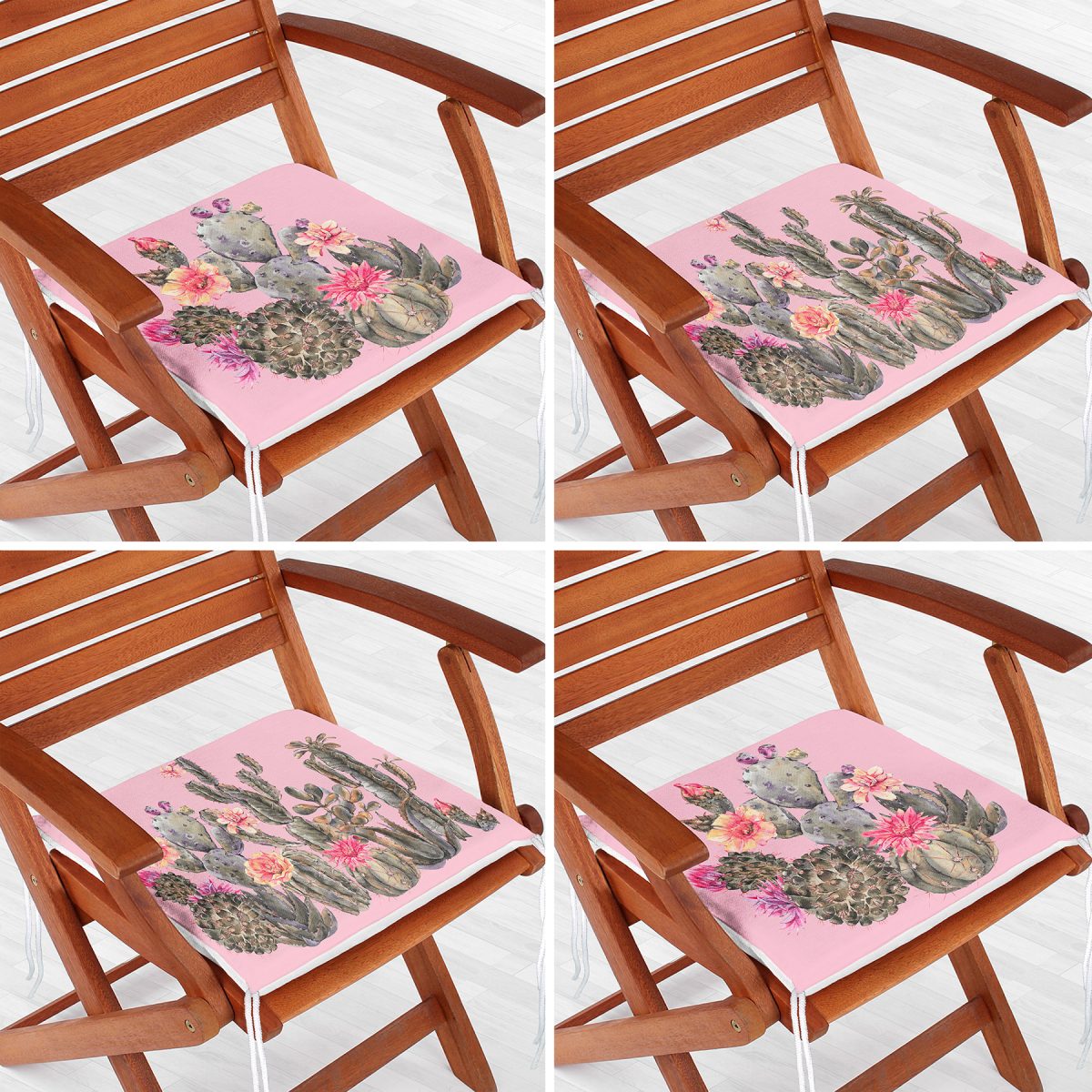 4'lü Renkli Zemin Üzerinde Kaktüs Desenli Modern Fermuarlı Sandalye Minderi Seti Realhomes