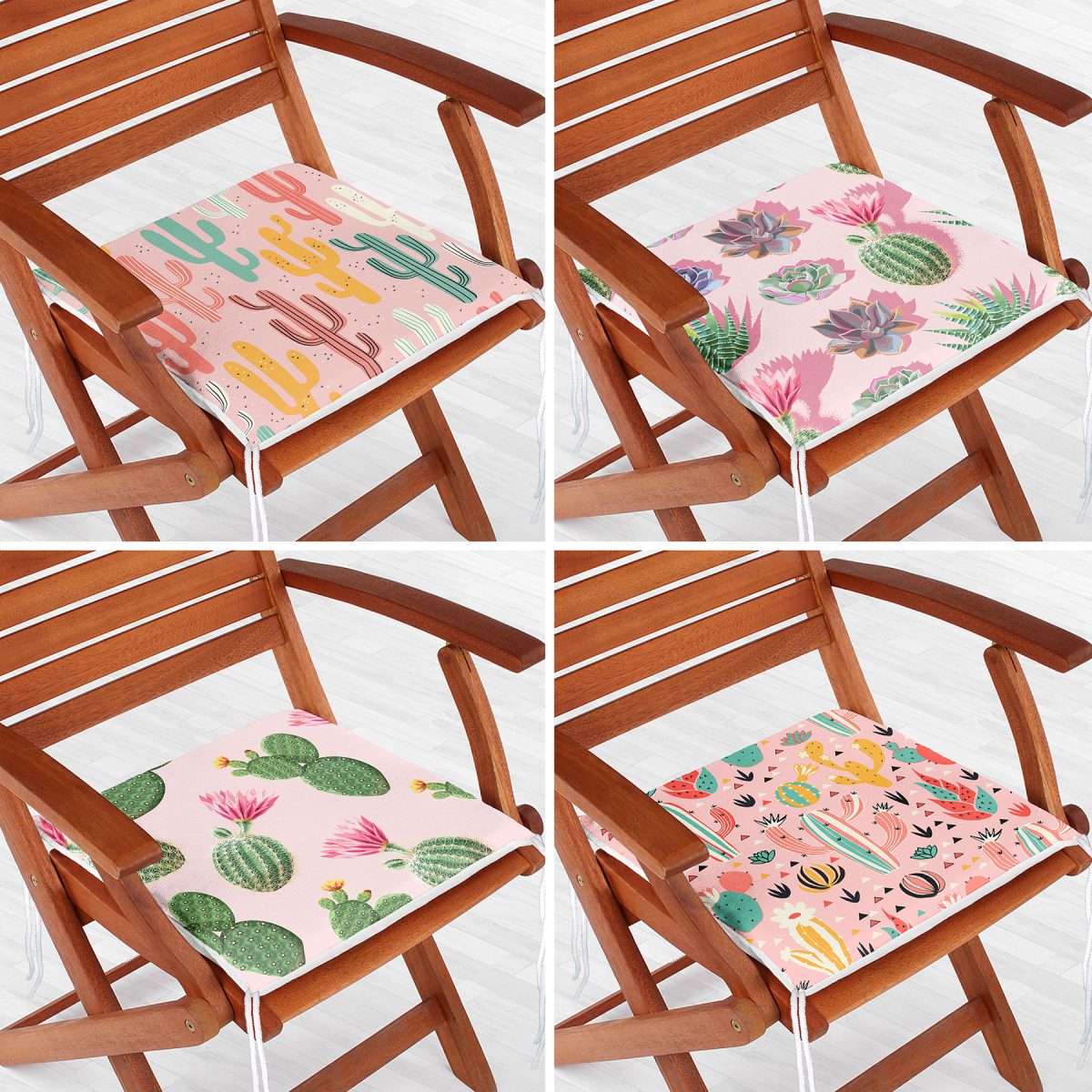 4'lü Renkli Zemin Üzerinde Kaktüs Desenli Modern Fermuarlı Sandalye Minderi Seti Realhomes