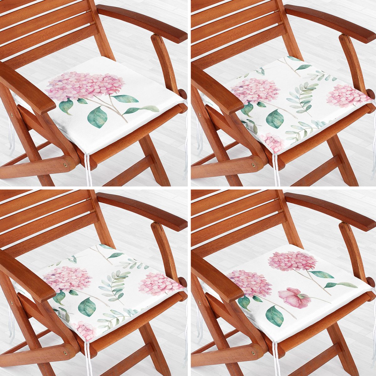 4'lü Beyaz Zemin Üzerinde Ortanca Çiçeği Desenli Modern Fermuarlı Sandalye Minderi Seti Realhomes