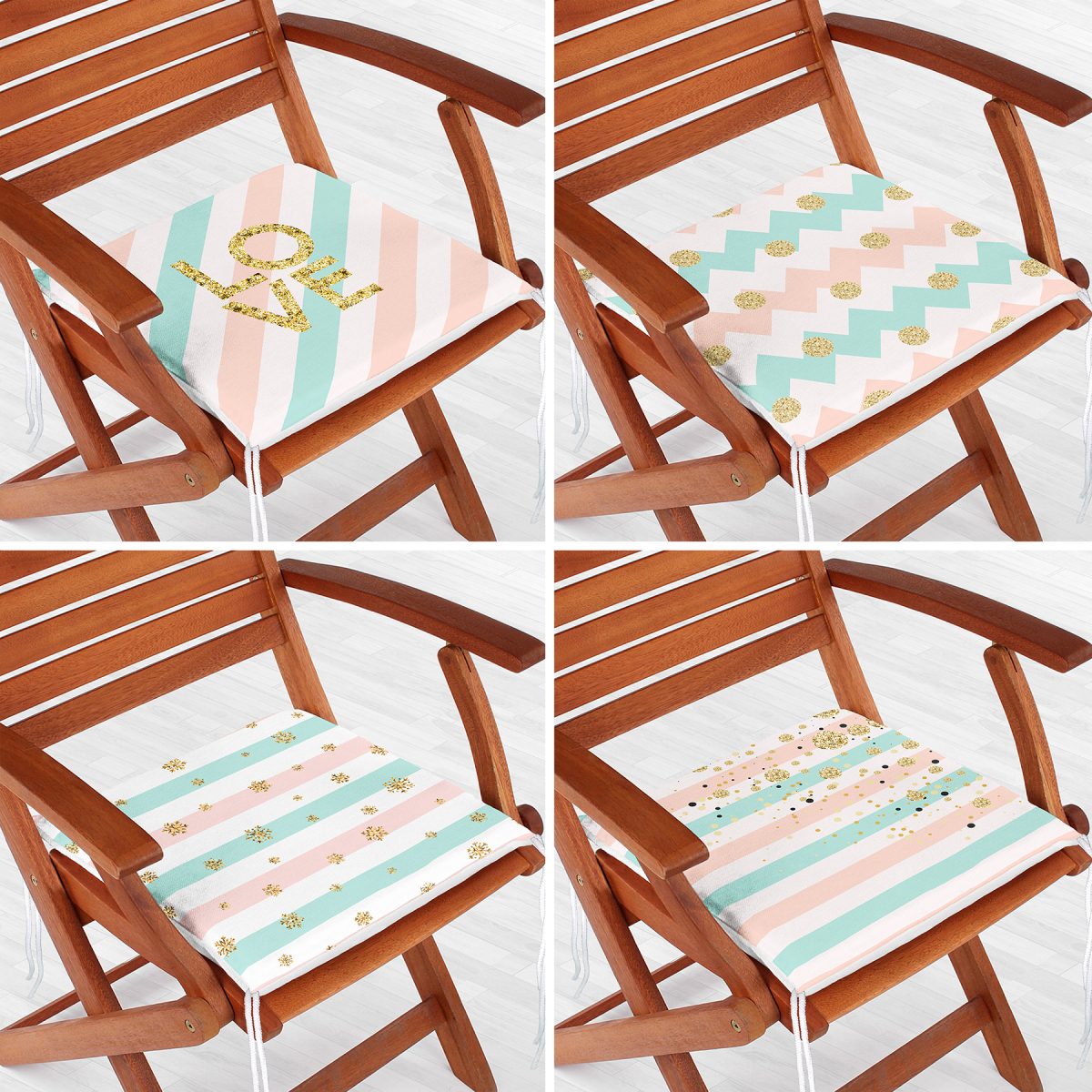 4'lü Renkli Zemin Üzerinde Gold Detaylı Geometrik Çizimli Modern Fermuarlı Sandalye Minderi Seti Realhomes