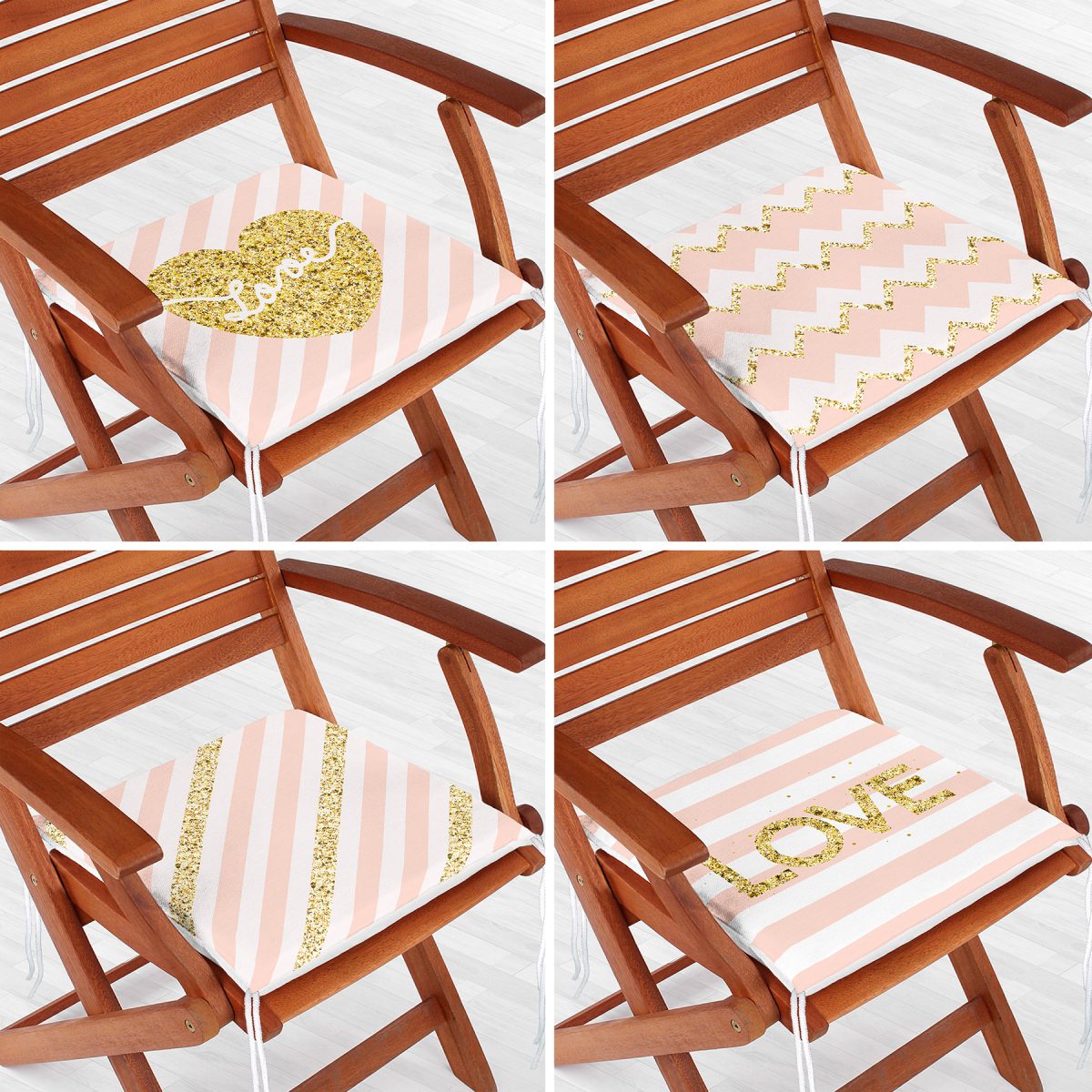 4'lü Renkli Zemin Üzerinde Gold Detaylı Love Yazılı Modern Fermuarlı Sandalye Minderi Seti Realhomes