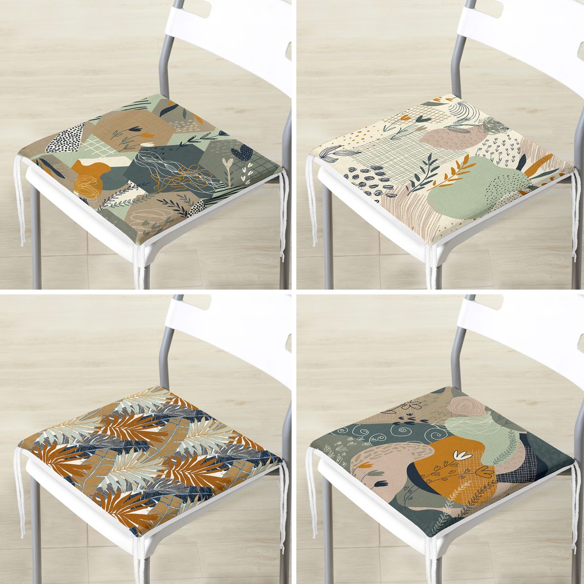 4'lü Soyut Çizimler Motifli Dijital Baskılı Dekoratif Fermuarlı Sandalye Minderi Seti Realhomes