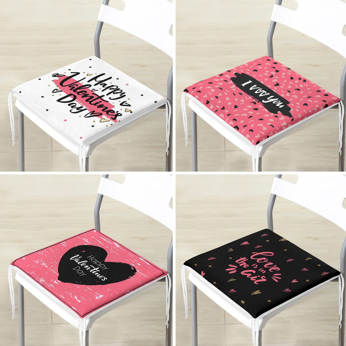 4'lü Sevgililer Günü Konseptli Özel Tasarım Modern Kombin Fermuarlı Sandalye Minderi Seti Realhomes