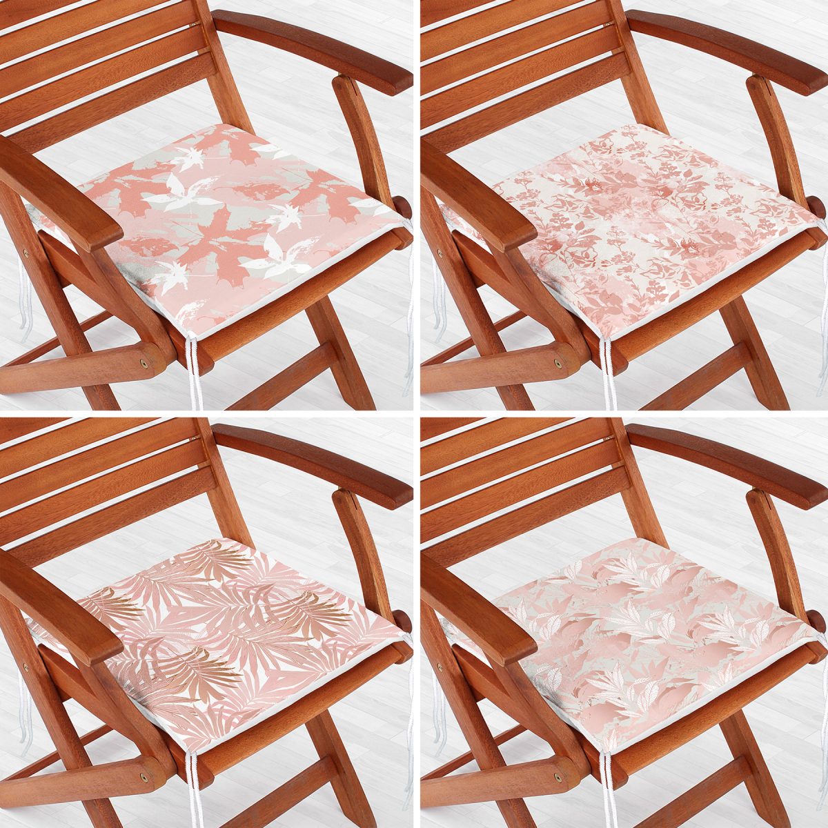 4'lü Beyaz Zemin Üzerinde Pembe Yaprak Çizimli Dekoratif Dijital Baskılı Fermuarlı Sandalye Minderi Seti Realhomes