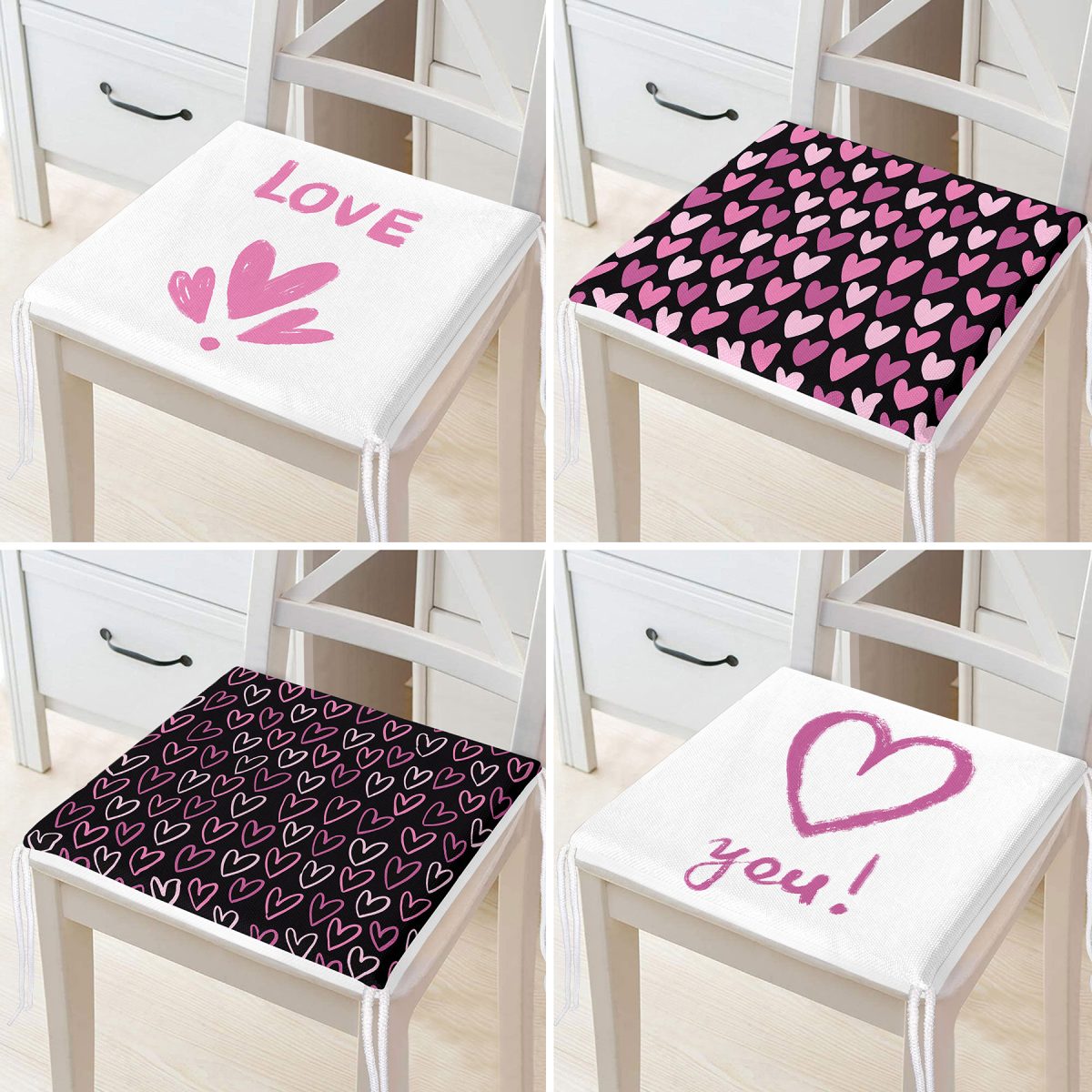 4'lü Sevgililer Günü Konseptli Özel Tasarım Modern Kombin Fermuarlı Sandalye Minderi Seti Realhomes