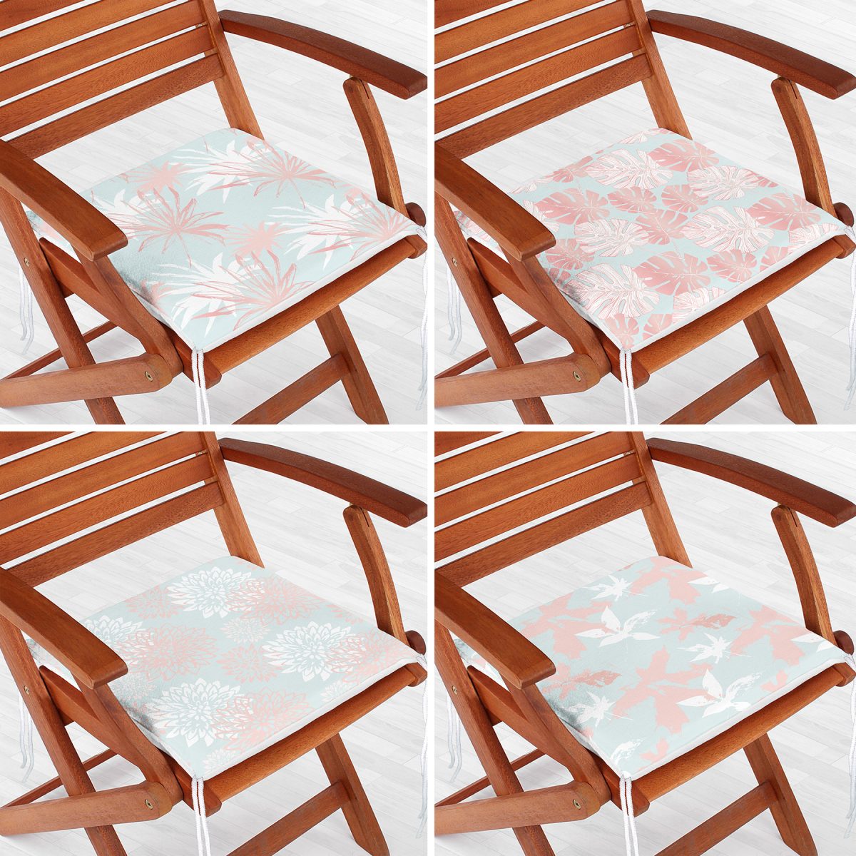 4'lü Mavi Zeminde Pembe Ve Beyaz Yaprak Çizimli Modern Fermuarlı Sandalye Minderi Seti Realhomes