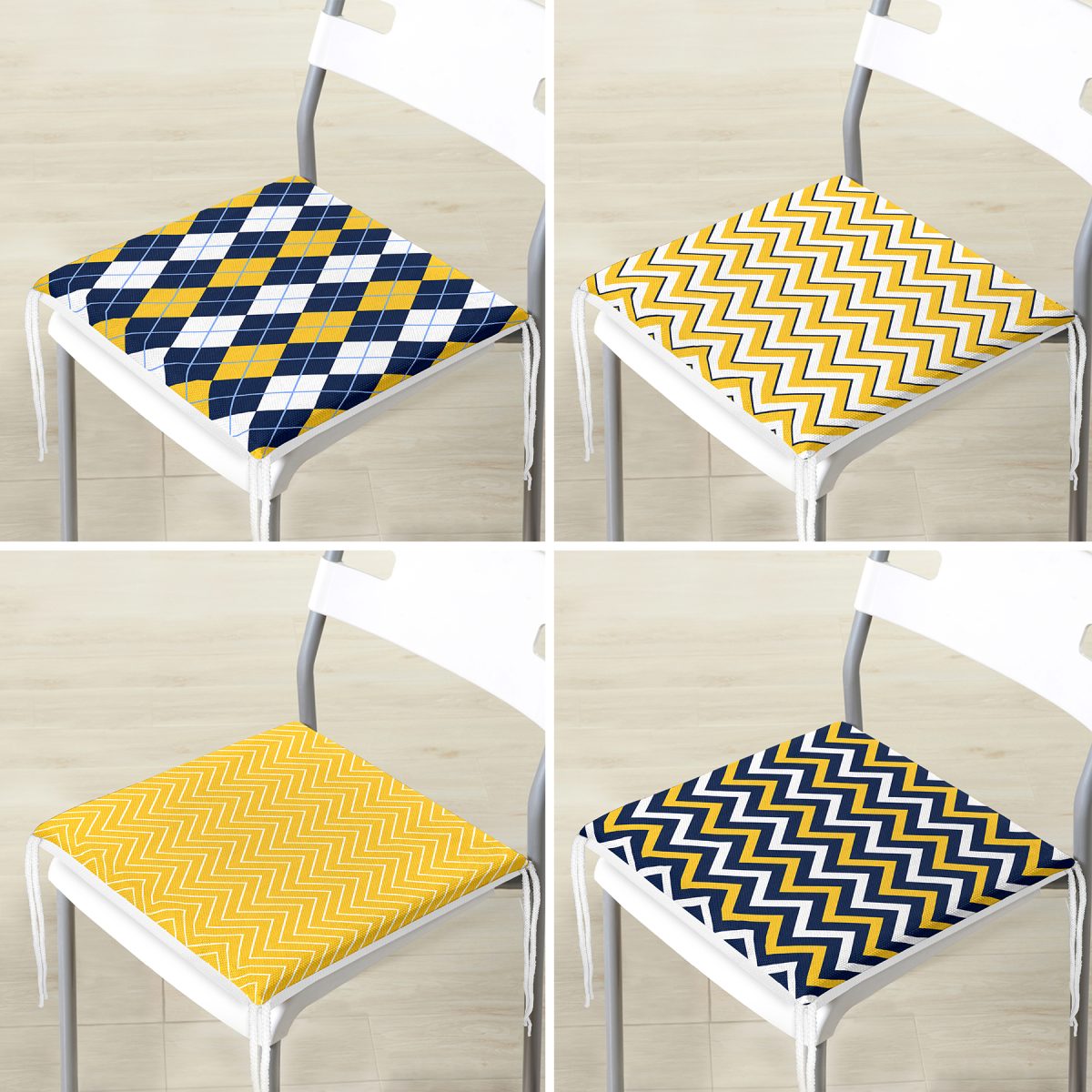 4'lü Sarı Lacivert Zigzag Desenli Özel Tasarımlı Yastık Fermuarlı Sandalye Minderi Seti Realhomes