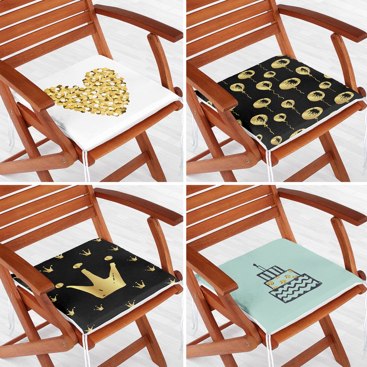 4'lü Altın Varaklı Doğum Günü Konseptli Dekoratif Fermuarlı Sandalye Minderi Seti Realhomes