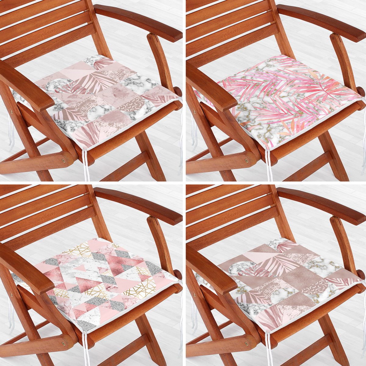 4'lü Geometrik Mermer Desenli Pembe Çiçek Motifli Dijital Baskılı Modern Fermuarlı Sandalye Minderi Seti Realhomes