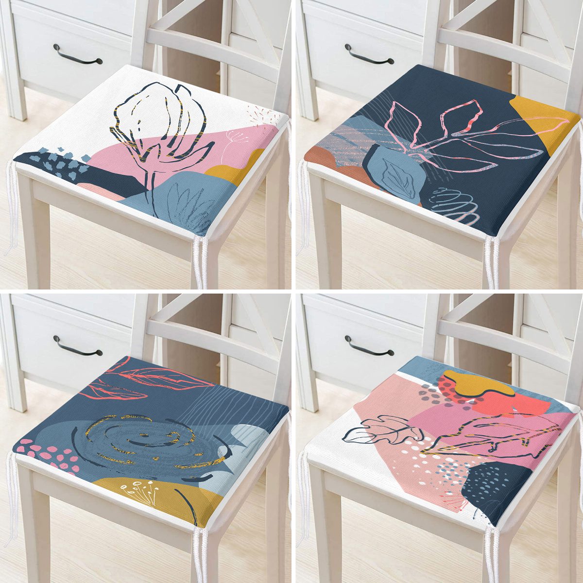 4'lü Renkli Bohem Yaprak Çizimli Özel Tasarım Fermuarlı Sandalye Minderi Seti Realhomes