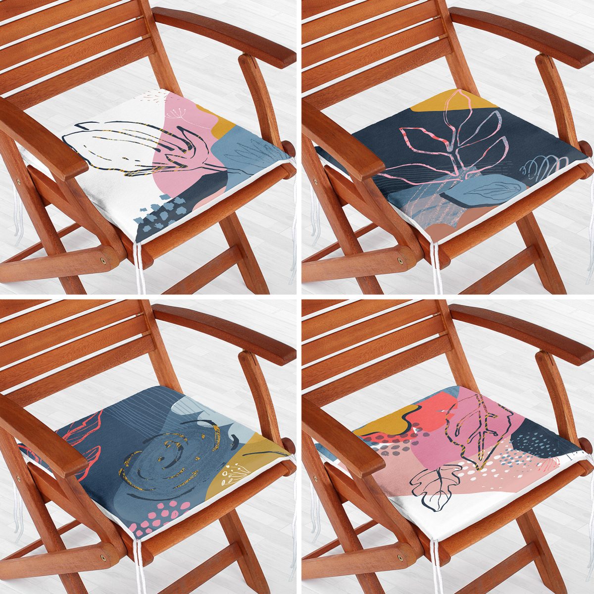 4'lü Renkli Bohem Yaprak Çizimli Özel Tasarım Fermuarlı Sandalye Minderi Seti Realhomes