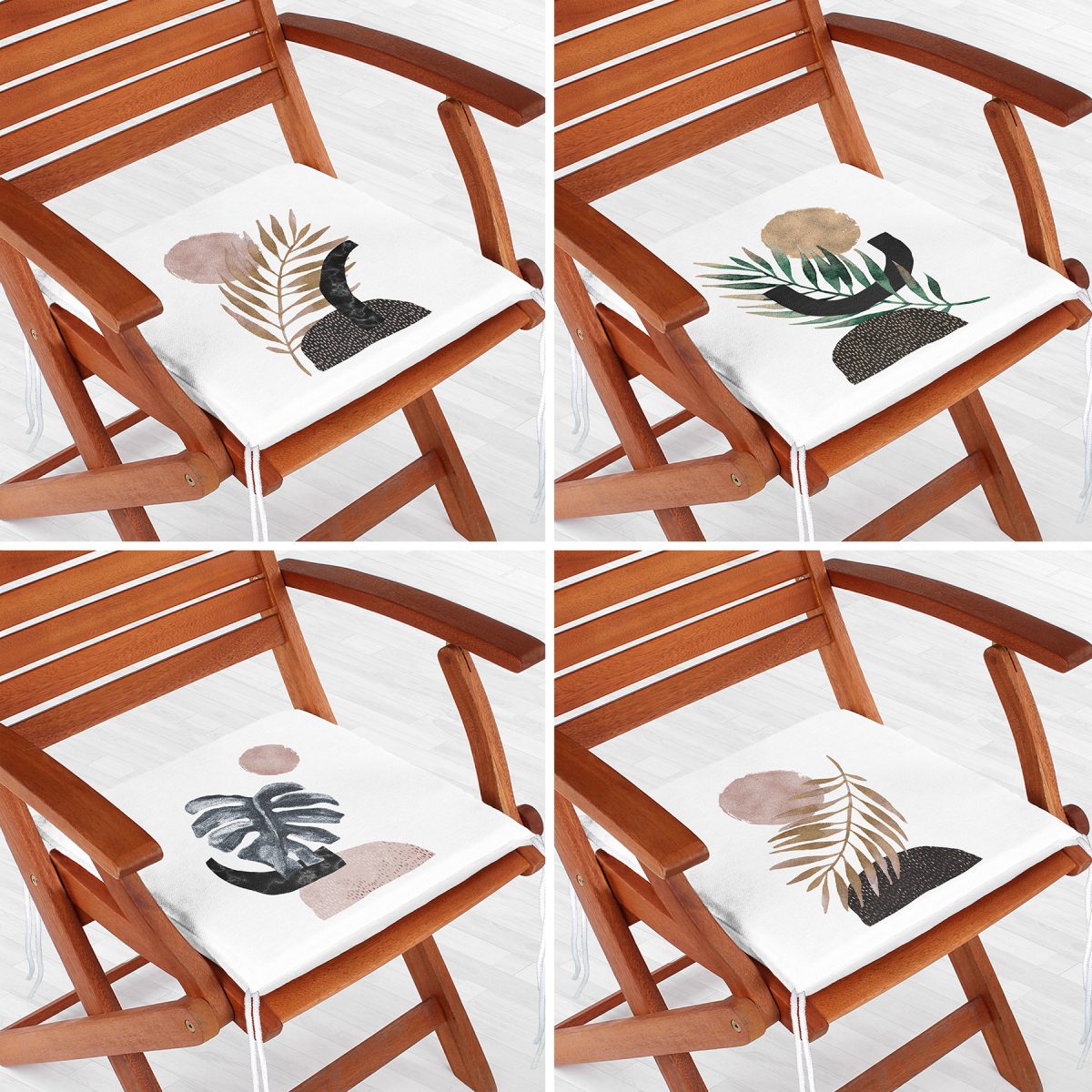 4'lü Beyaz Zeminde Gümüş Ve Gold Yaprak Tasarımlı Modern Fermuarlı Sandalye Minderi Seti Realhomes