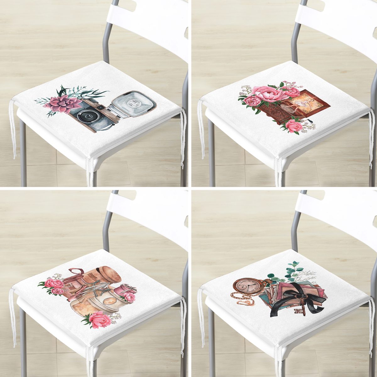 4'lü Özel Tasarım Antika Motifli Dijital Baskılı Modern Fermuarlı Sandalye Minderi Seti Realhomes