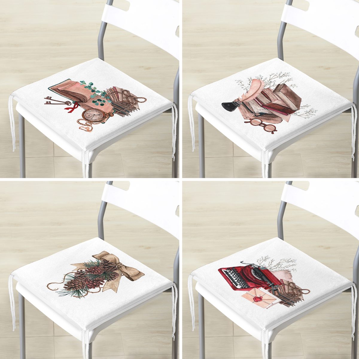 4'lü Beyaz Zemin Özel Tasarımlı Dijital Baskılı Modern Fermuarlı Sandalye Minderi Seti Realhomes