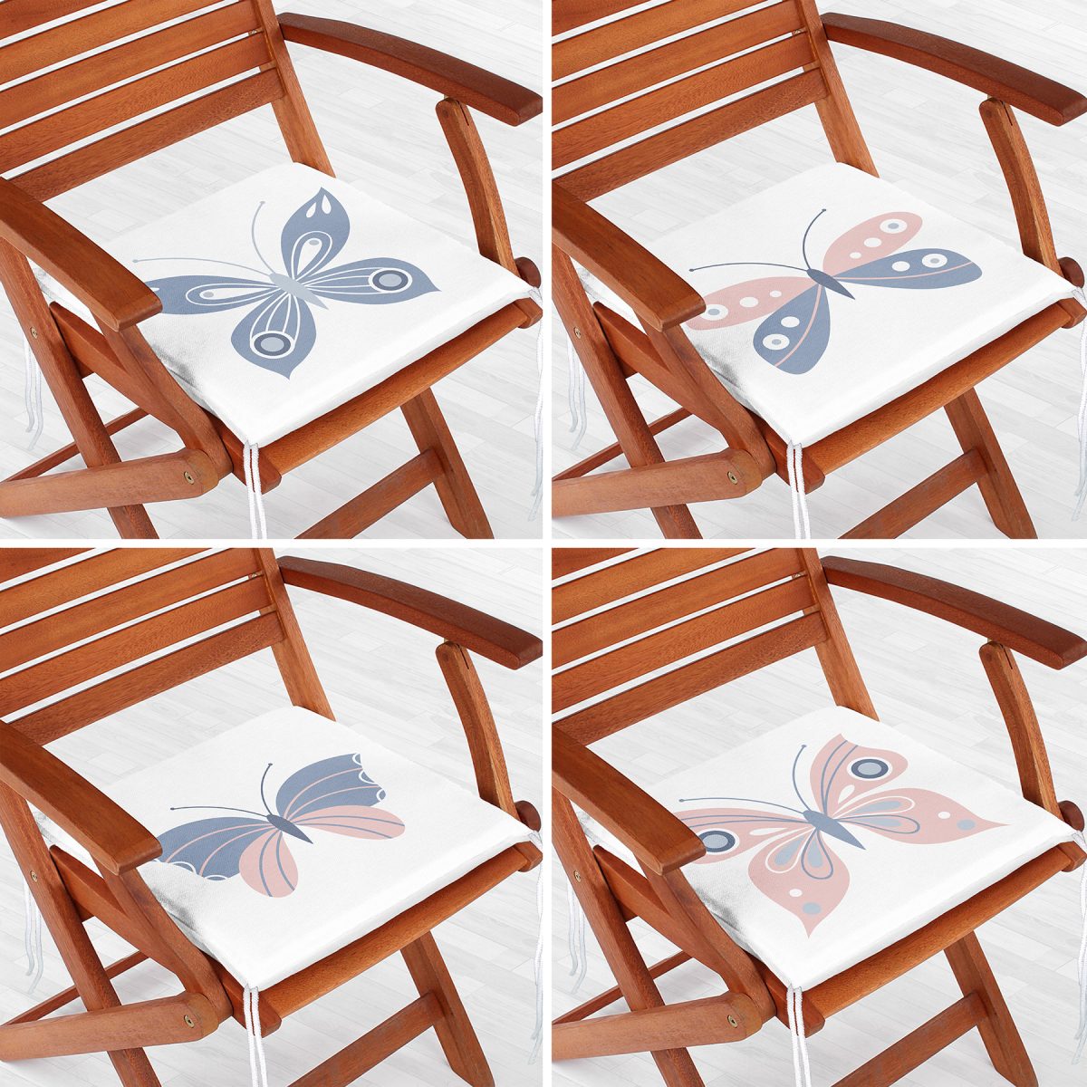 4'lü Beyaz Zemin Pembe & Mavi Kelebek Tasarımlı Dijital Baskılı Modern Fermuarlı Sandalye Minderi Seti Realhomes